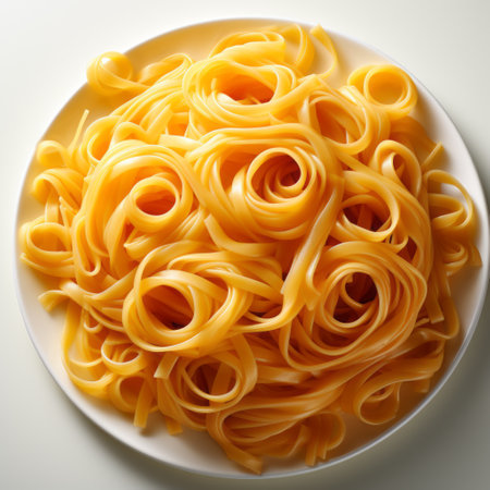 a plate of yellow pasta, captured using the focus stacking technique, showcases smooth lines and hyper-realistic oil. the photograph was taken with a graflex speed graphic camera, resulting in a matte finish and high level of detail. ai generatedの素材