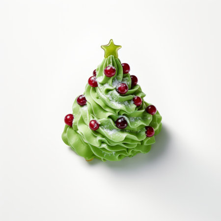christmas tree pastry adorned with cranberries and a small green ribbon. this visually captivating image showcases the unique style of fluid photography, inspired by the mori kei aesthetic. the creased and wavy texture adds an artistic touch to the high-resolution picture, which is captured using innovative techniques in the kimoicore style. ai generatedの素材