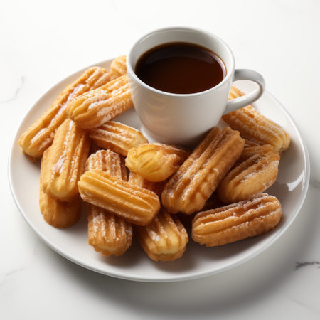 a plate of churros and a cup of coffee are captured in this associated press-style photo. the striped arrangements and traditional techniques reimagined create a visually appealing composition. the smilecore aesthetic is evident in the graceful curves of the churros. this photo pays homage to the mingei and group f64 movements. ai generatedの素材