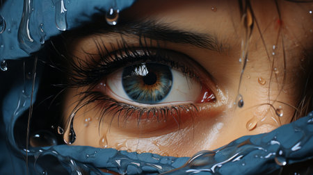 a highly detailed painting in the style of daz3d, this artwork showcases the eye of a person wearing a raincoat. created by felicia simion, the hyper-realistic water and the use of blue and amber tones evoke emotional sensitivity. the illustration, done in cryengine, captures the intricate details of the eye with remarkable precision. ai generatedの素材