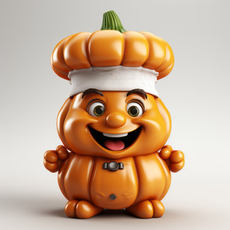 a charming 3d model of a pumpkin wearing a hat, designed in a caricature-like style. this adorable character illustration features toy-like proportions and is reminiscent of smilecore and the inventive character designs of guido reni. perfect for adding a touch of whimsy to kitchen still life compositions. ai generatedの素材