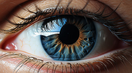 the woman's eyes captivate with their realistic and hyper-detailed renderings, showcasing the artistic styles of phil koch and carl kleiner. the vibrant combination of light orange and dark azure hues adds depth and intensity to the image. this uhd photograph beautifully captures the fine attention to anatomy, reminiscent of the work of heather theurer. ai generatedの素材