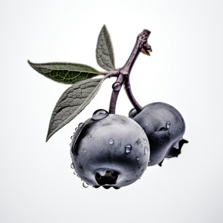 blue berries with water droplet on a white background, featuring a dark gray and gray color scheme. this manipulated photography showcases the intricate details of the foliage, combining natural and man-made elements. shot with a steinheil quinon 55mm f19 lens, this image captures the beauty of the blue berries and the water droplet in stunning clarity. ai generatedの素材
