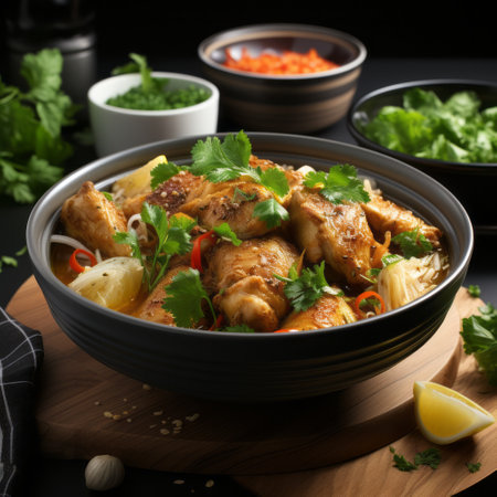 chinese curry chicken dish with a vibrant mix of vegetables and aromatic herbs. this delicious dish is beautifully captured in the style of the tokina at-x 11-16mm f/2.8 pro dx ii lens, with vray tracing enhancing the dark black and light beige tones. the photo by petros afshar exudes a lively and energetic feel, while also providing a calming effect with its orange and grayの素材