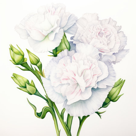 watercolor painting of carnations flower isolated on white. inspired by the style of james bullough, this delicate portrait captures the essence of jessie arms botke's light and white compositions. with a touch of clara peeters' revived historic art forms, this artwork resembles a charming storybook illustration. ai generatedの素材