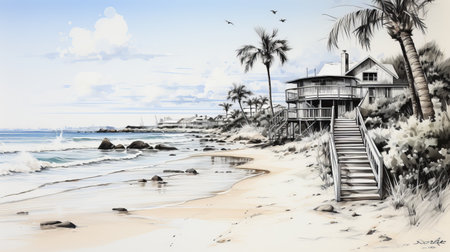 a black and white drawing of a serene beach scene with children playing on the white sandy beach, sailboats sailing in the distant ocean, seagulls soaring above, a coconut tree, and scattered seashells and shellfish. ai generatedの素材