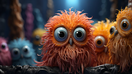 a group of colorful owls with eyes in their mouths, rendered in cinema4d, showcasing detailed character illustrations. these hyper-realistic oil paintings depict the owls perched on tangled nests, creating an unreal and captivating scene. the intricate underwater worlds created using unreal engine 5 add a touch of mystery and wonder. the vibrant orange hues add a striking contrast to the overall composition. ai generatedの素材