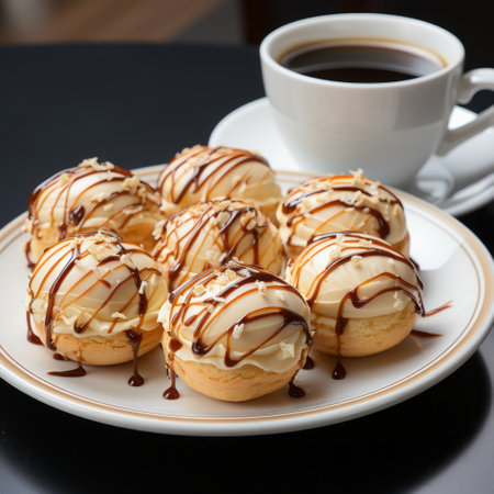 a plate of pastries and a cup of coffee are showcased in this photo. the composition features a light gold and dark brown color scheme, with streaks adding a touch of uniqueness. the image follows a sanriocore aesthetic, with a monochromatic color palette. the caffenol developing technique enhances the overall mood, while the booru and soggy elements add an interesting twist. ai generatedの素材