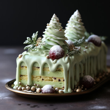 a top-tier cheesecake christmas cake with green frosting is captured in this photo. the cake, known as the king of baked christmas foods, showcases a gauzy atmospheric landscape with rococo pastel colors. the japanese influence is evident in the melting, layered forms, highlighted by the light green and maroon hues. this visually stunning image was captured using a leica cl camera. ai generatedの素材