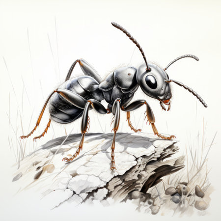 a black and white ant rests on a bed of dirt, resembling a fantasy illustration. the artwork showcases a combination of light gray and bronze tones, with precise and detailed painting techniques. the ant's eyes glisten with a shiny appearance, while the shading adds depth to the image. the composition also incorporates iconic pop culture references and features forced perspective drawings. ai generatedの素材