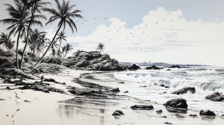 a black and white drawing of a serene beach scene with children playing on the white sandy beach, sailboats sailing in the distant ocean, seagulls soaring above, a coconut tree, and scattered seashells and shellfish. ai generatedの素材