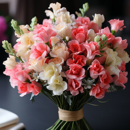 a pink and cream vase filled with flowers, showcasing a realistic color scheme. the wavy resin sheets create a beautiful backdrop in light orange and beige, forming a captivating color gradient. the pure colors exude a pastoral charm, reminiscent of a ballet academia. ai generatedの素材
