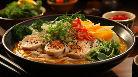 a vibrant sushi bowl filled with an assortment of fresh fruits, inspired by traditional vietnamese cuisine. the bowl showcases a beautiful combination of dark orange and beige hues, creating an appetizing visual appeal. this 32k uhd photograph captures the essence of jan weenix's folkloric style, while also reflecting the cultural heritage of hallyu. ai generatedの素材