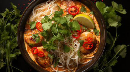 a bowl of thai noodle soup, captured in a high-quality uhd image, is showcased on a black background. the vibrant crimson hues and mediterranean-inspired flavors of the broth recipe are visually appealing. the strong facial expression adds depth to the composition, while the zeiss batis 18mm f2.8 lens captures every detail with precision. the overall pictorial harmony creates a representational image. ai generatedの素材