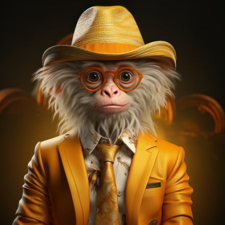cartoon golden lion tamarin with yellow shirt and white hat, front pose, long neck, and one eye protruding from neck. white background. ai generatedの素材