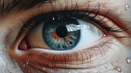 an eye with water drops falling from it, captured in a hyper-realistic figurative painting style. this detailed illustration showcases the intricate details of the eye, with blink-and-you-miss-it realism. the dark aquamarine and orange hues add depth and intensity to the image, which is rendered in stunning 8k resolution. ai generatedの素材