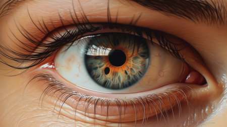 a portrait of an open eye showcasing vibrant blue and yellow colors, rendered in a realistic and hyper-detailed style. the eye is depicted with a realistic perspective, complemented by shades of light orange and gray. the image captures macro perspectives and includes highly detailed illustrations of human figures. ai generatedの素材