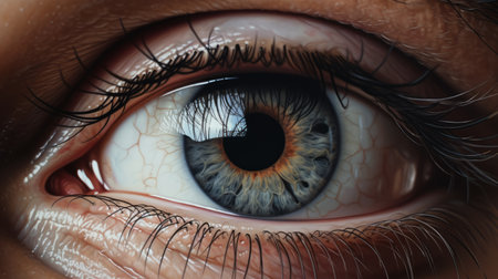 a digital art piece featuring a close-up study of an eye. this hyper-detailed rendering showcases realistic human figures with a focus on the intricate details of the eye. the artwork is created using oil and enamel paintings, with a color palette of light indigo and light brown. the high-resolution image offers a captivating and detailed depiction of the subject. ai generatedの素材