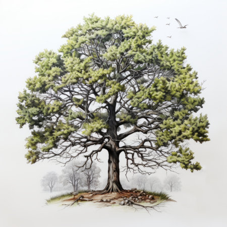 a photo of a tree in nature captured by tim koech. this realistic and hyper-detailed rendering showcases the tree's light gray and dark brown tones. the image also features hyperrealistic wildlife portraits with light green and red accents. the meticulous linework precision and detailed penciling in this photo are reminiscent of the style of charles spencelayh. ai generatedの素材