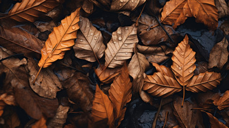 brown leaves scattered on the wet ground, showcasing dark orange and dark bronze hues. this photo captures a lo-fi aesthetic with its luxurious and intricate textures. the atmospheric shot is packed with hidden details, offering rich textures that add depth to the composition. ai generatedの素材