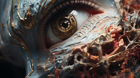 the 3d model showcases eyes adorned with flowers, reflecting a unique blend of sci-fi baroque, mechanized abstraction, aetherclockpunk, and highly detailed realism. the intricate design features elements of dragon art, with a captivating combination of light crimson and gold hues, resulting in a futuristic victorian aesthetic. ai generatedの素材