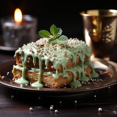a plate of cake adorned with colorful sprinkles and accompanied by candles, showcasing a unique blend of light emerald and dark beige hues. the gothic influence is evident in the layered complexity of the cake, reminiscent of the norwegian nature. the use of precious materials adds a touch of luxury to the overall presentation, creating a festive atmosphere. ai generatedの素材