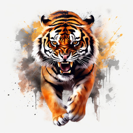 a running tiger is depicted in this clipart image, available in png and ai formats. the artwork is created in the style of dynamic action painting, showcasing a unique blend of spray painted realism and realistic watercolor paintings. the composition is eye-catching, with a smokey background and saturated colors that make the image stand out. ai generatedの素材