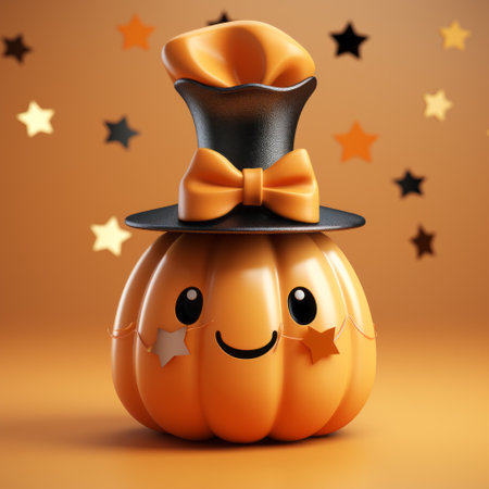 a whimsical jack-o-lantern with a top hat and stars, created using hard surface modeling techniques. this kawaii-inspired creation features a glossy finish, blending realistic and fantastical elements. the light orange and light beige colors give it a charming and playful appearance. inspired by whistlerian art and toyism, this unique pumpkin design is sure to catch the eye. ai generatedの素材