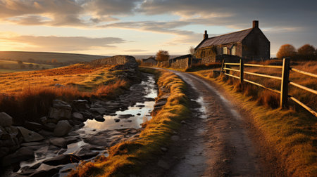 a wooden house with a gravel driveway, set against a backdrop of atmospheric and moody landscapes. the sparkling water reflections and backlit photography enhance the traditional british landscapes, creating a pastoral landscape. the melting pots of light brown and orange hues add to the overall charm and allure of this captivating scene. ai generatedの素材