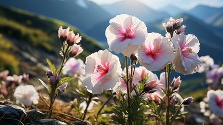 a blooming hollyhock in the mountains of guangxi, showcasing its white and fluffy petals against a vibrant backdrop. this macro photograph beautifully captures the bright and vivid flowers with a large depth of field, resulting in stunning detail and clarity. ai generatedの素材