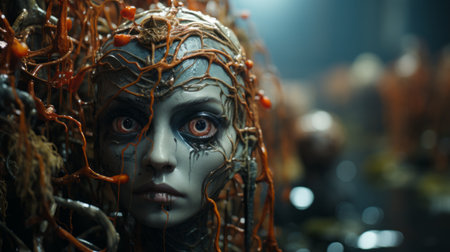 a woman's face adorned with intricate vines and plants, resembling a cybernetic sci-fi creation. this stunning artwork, crafted using cinema4d, showcases a captivating blend of dark silver and orange tones. with selective focus and meticulous attention to detail, the image exudes a lovecraftian essence, as if the face itself is composed of mesmerizing insects. ai generatedの素材