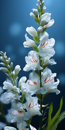 an arrangement of white flowers takes center stage in this captivating photo. inspired by the style of laowa 100mm f/2.8 2x ultra macro apo lens, the image showcases the intricate details of the blooms. with a sky-blue background and luminous shadowing, the composition exudes a carnivalcore vibe reminiscent of the eastern zhou dynasty. ai generatedの素材