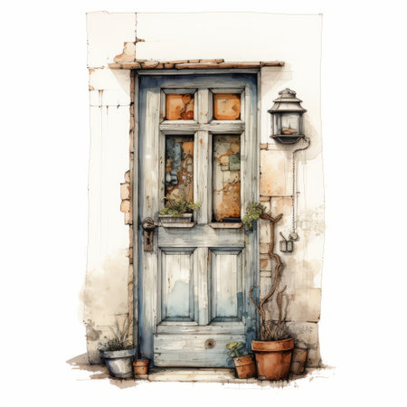 a watercolor drawing of a blue door adorned with potted plants. this highly detailed illustration captures the soft and atmospheric scene, showcasing an earth tone color palette. the rustic materiality adds to the charm of the detailed character illustrations, creating a captivating and visually appealing illustration. ai generatedの素材