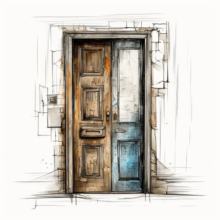 the old door of a sketched vintage door frame with a doorslot, izilko, showcases a cityscape abstraction in dark cyan and light brown. the composition features gray and brown tones, colorful drawings, and a blend of urban decay and emotive elements, combining both natural and man-made elements. ai generatedの素材