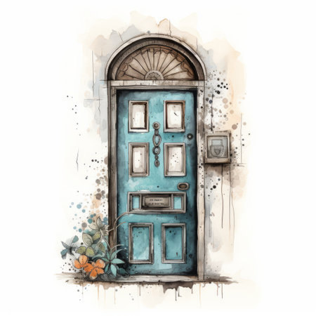 a watercolor image of a blue door on a wall, featuring detailed character illustrations. the artwork showcases a mix of masculine and feminine elements, with a color palette of dark beige and aquamarine. this illustration captures the unique charm and character of the door, creating a visually captivating piece. ai generatedの素材