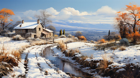 snow covered ground in realistic landscape painting style. charming and idyllic rural scenes of scottish landscapes. hyper-detailed and realistic renderings with a paint dripping technique. the image is in 3840x2160 resolution, capturing the rustic charm of the scenery. ai generatedの素材