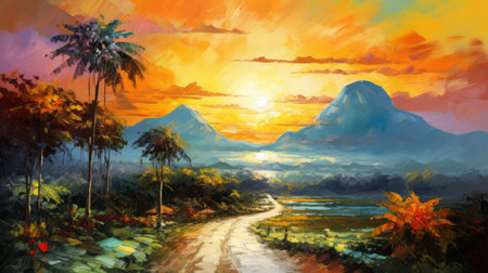 a high-quality photo of a large canvas painting by sopheap pich and josef kote. this impressionist-style artwork depicts a stunning sunrise behind a hill, with palm trees adding a touch of tropical beauty. the pastoral landscape is intricately detailed, showcasing the artists' skill and creating a captivating visual experience. ai generatedの素材