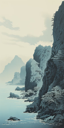 a stunning landscape photograph showcasing a vast expanse of blue water adorned with small rocks. this artwork, reminiscent of the styles of aaron horkey, atmosphere landscapes, and cliff chiang, captivates with its realistic depiction and soft, tonal colors. the whistlerian influence is evident in the flat backgrounds, while the image's 8k resolution ensures exceptional detail and clarity. ai generatedの素材