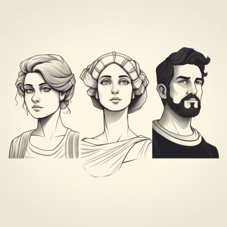 three individuals, two men and a woman, are depicted in this captivating photo. they are dressed in various styles reminiscent of classical antiquity, showcasing simplified and stylized portraits. the graphic design-inspired illustrations feature monochrome portraits, exuding a unique charm. the characters in this image possess a twist, drawing inspiration from phoenician art. this intriguing composition is a visual treat, showcasing a fusion of different artisticの素材
