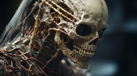 the metal skeleton, wrapped in electrical wires, showcases a hyper-realistic sci-fi style. with a shallow depth of field, this close-up shot by alex alemany captures the intricate and detailed rendering of the subject. shot using the tokina at-x 11-16mm f/2.8 pro dx ii lens, this image is a testament to the artistry of peter gric. ai generatedの素材