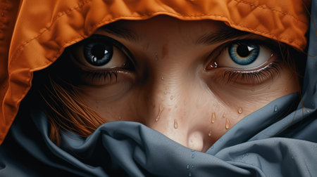 a girl wearing a gray hoodie is depicted in this hyper-realistic watercolor painting. her piercing blue eyes stand out against the dark orange and azure background, creating a surrealistic dystopian atmosphere. the artist, brian bolland, has paid great attention to realistic details, including the depiction of inclement weather. the close-up intensity of the girl's expression adds to the overall impact of the image. ai generatedの素材