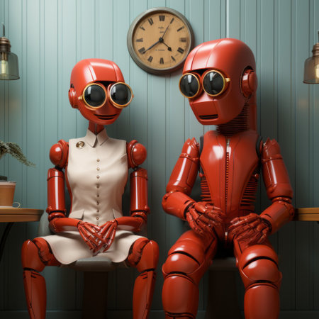 a red robot, designed in the style of realistic human figures, is seen sitting next to a wooden chair in a kitchen. this charming character, reminiscent of clockpunk and retro-futurism, adds a touch of whimsy to the uniformly staged image. created using daz3d software, this delightful robot brings a sense of internet academia to the scene. ai generatedの素材