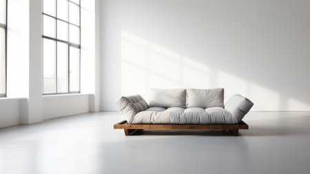 two seats in a room featuring a spacious white sofa and a wooden table. the clean and empty interior, inspired by the style of mahiro maeda, exudes an industrial chic vibe. the soft atmospheric perspective adds depth to the space, while the flowing fabrics and eco-friendly craftsmanship, reminiscent of moshe safdie's designs, enhance the overall aesthetic. the white background creates a serene ambiance. ai generatedの素材