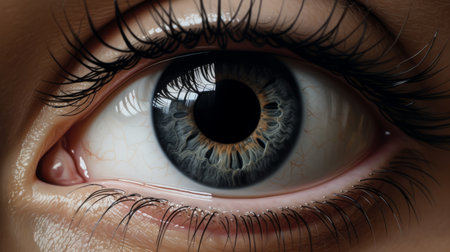 close-up image of an empty eye, showcasing hyper-detailed and realistic rendering. this hyperrealism style captures the intricate details of human figures, with a play of light in indigo and brown tones. the high contrast adds depth to the shot, creating a realistic yet romantic atmosphere. perfect for virtual and augmented reality enthusiasts. ai generatedの素材