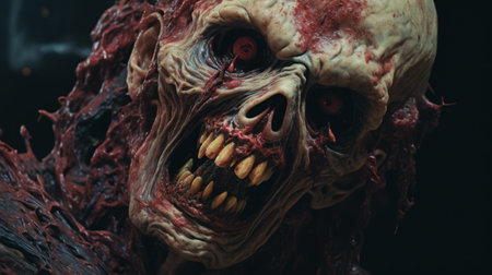 a zombie with big eyes and teeth is depicted in this hyper-realistic photo. the redshift effect adds a brutal action vibe, while the detailed anatomy showcases the artist's skill. the yankeecore theme is evident through the heavy impasto technique used, creating a close-up view that intensifies the eerie atmosphere. ai generatedの素材