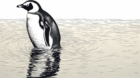 a penguin gracefully glides on the water, surrounded by the serene beauty of an idyllic location. the intricate crosshatching technique brings out the detailed features of the penguin, while the frontal perspective adds depth to the image. the grainy texture and woodcut-inspired graphics give it a unique artistic touch. digitally enhanced to enhance the fluidity, this image captures the essence of british topographical scenery. aiの素材