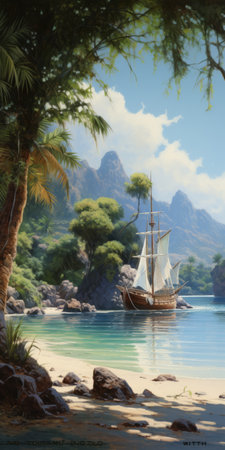 a ship sails across a desert terrain, surrounded by water, creating an enigmatic tropical scene. the photo captures a painterly quality, showcasing traditional craftsmanship and delicately rendered landscapes. shot with a canon af35m, it beautifully portrays coastal views and the mesmerizing waves of the reef. ai generatedの素材