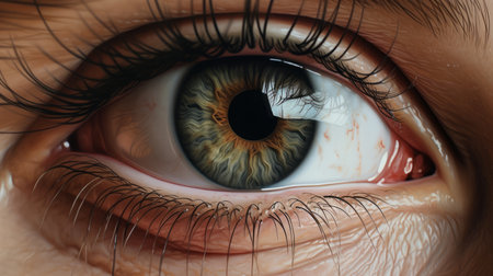 a 3d render by artist steve kaddo featuring a hyper-detailed, realistic depiction of a woman's eyes. this artwork showcases the style of detailed painting, reminiscent of robert bechtle's work. the close-up shots capture the intricate anatomy, while the use of oil on canvas adds depth and texture. erik johansson's influence can be seen in the hyper-detailed execution. ai generatedの素材