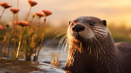 an otter, captured in the style of max rive, stands gracefully beside a vibrant red flower. the lens flare adds a touch of ethereal beauty to the scene, while the otter's strong facial expression exudes a sense of character. this representational photograph showcases hyperrealistic marine life, reminiscent of the works of serge marshennikov, known for his characterful animal portraits. ai generatedの素材