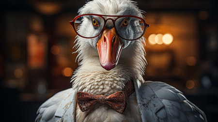 a white pelican stands out in a unique and eye-catching style, wearing glasses and a bow tie. this vray tracing photo captures the essence of steampunk and gritty urban scenes. the pelican's explosive pigmentation contrasts beautifully with its elegant clothing, creating a visually stunning image. ai generatedの素材
